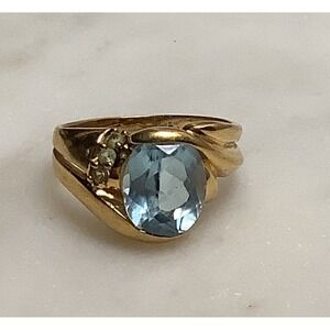 Oval Cut Blue Topaz Ring CZ Accent Sterling 925 Vermeil Gold Plated - Size 7.5